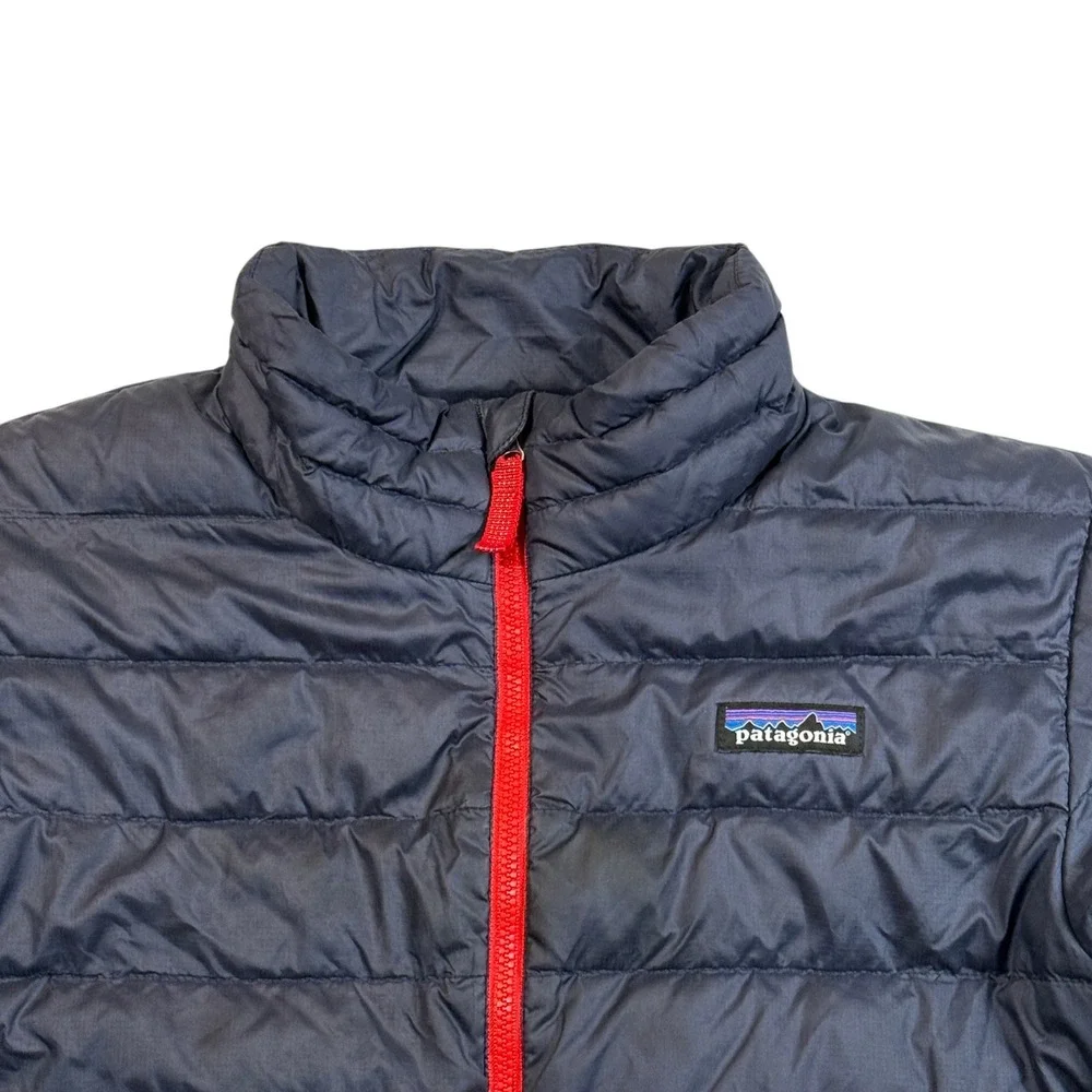 Patagonia Kids Down Sweater Jacket Navy Blue Red Full Zip Puffer Size M 10 Youth